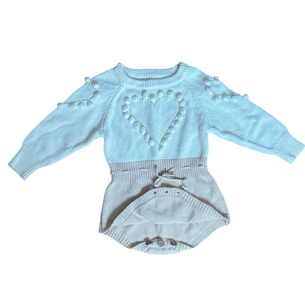 Cozy Knit Heart Long Sleeve Romper - Cream and Tan - Picture 4 of 8